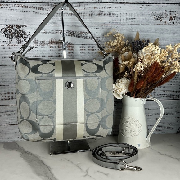 Coach Handbags - Coach Hamptons Bag Gray Silver White Signature Hand Shoulder Crossbody Purse